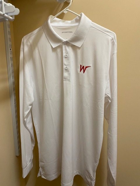 USWA-sport-tek-shirt white with RED W. Cuffed sleeves